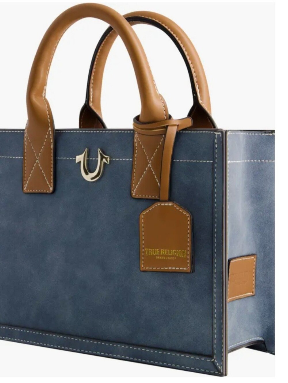 True Religion Modern Edge Suede Tote‎ Shoulder Bag Purse Denim Blue Color NWT